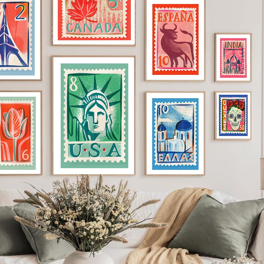 Niederlande Usa Frankreich Spanien Italien Briefmarke Nordic Poster Wand Kunstdrucke Leinwand Malerei Dekor Bilder Für Wohnzimmer