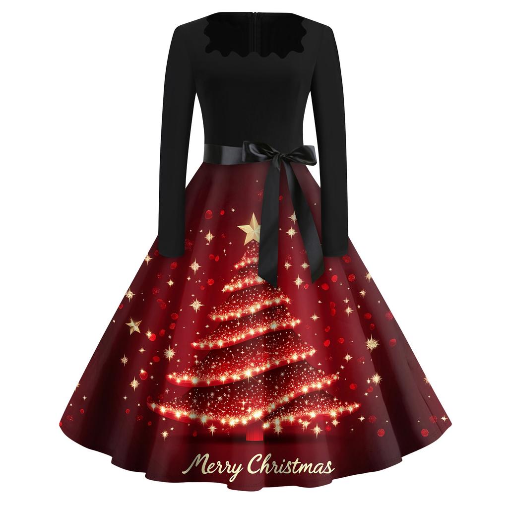 Christmas Print Flare Dress For Women Long Sleeve Dress Hollow Party Casual Square Collar Dresses