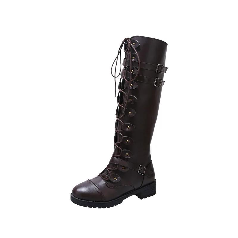Fashion Women Knee High Boots Autumn Winter Lace Up Flat Shoes Sexy Steampunk PU Retro Buckle Women Shoes Ladies Snow Boots Yui8