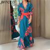 Autumn Women's Fashion Button-Front V-Neck Elegant Print Waist-Tied Full-Skirted Dress