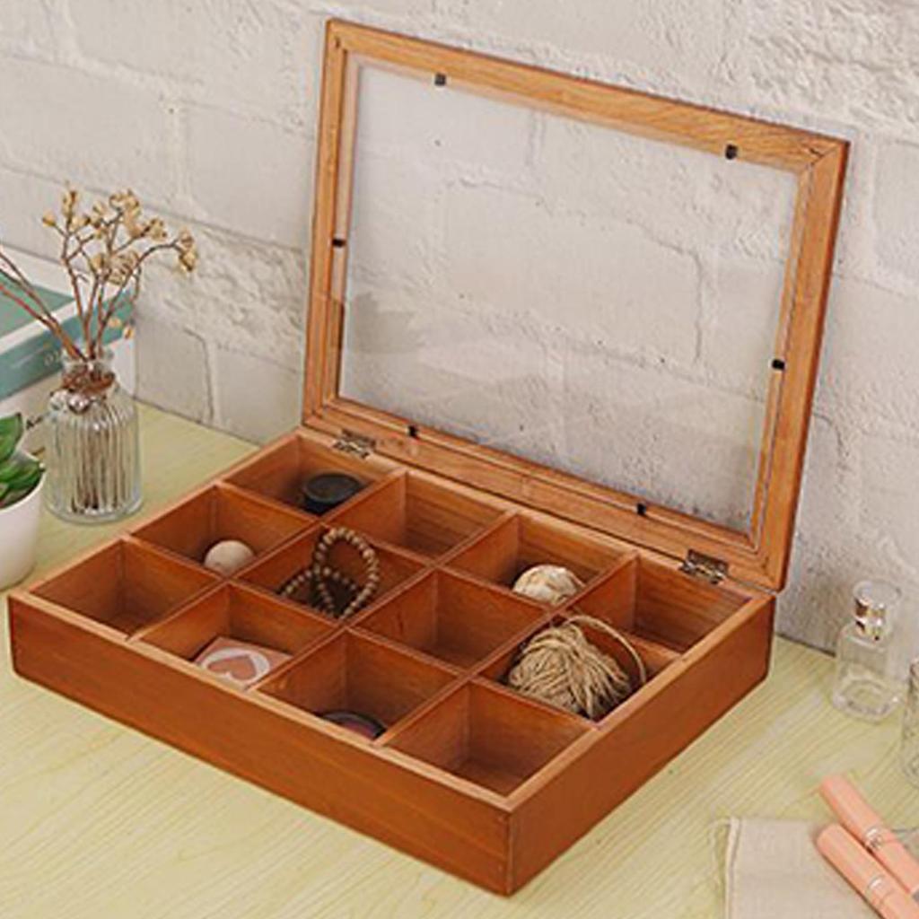 12-Compartments Tea Storage Organizer With Clear Lid Wooden Coffee Box Tea Bag Organizer Small Storage Boxes For Home Kitchen