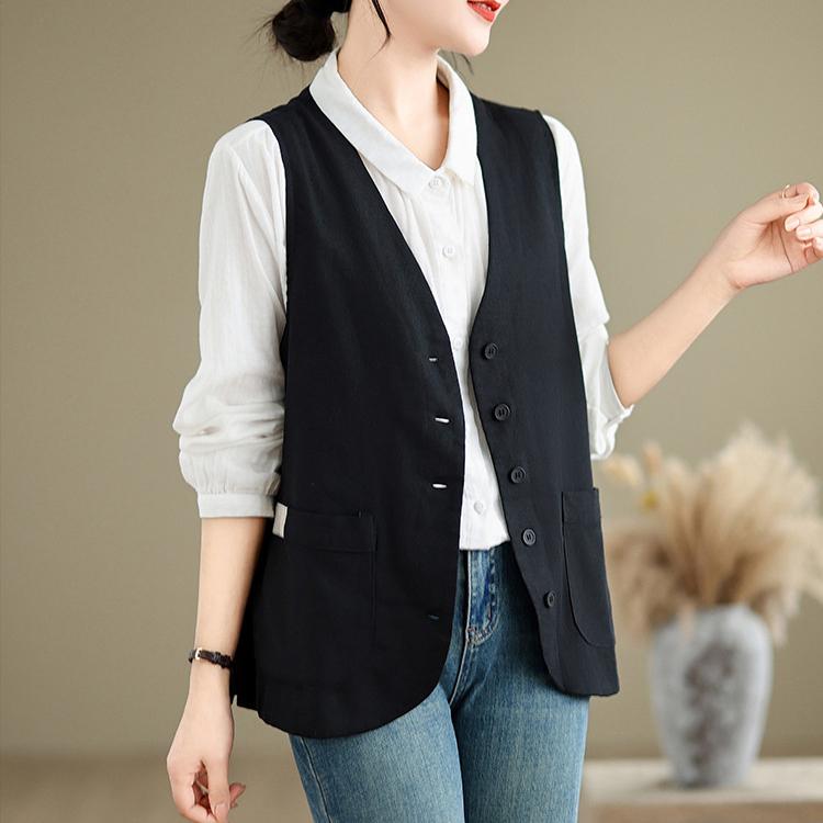 Summer Literary and Artistic Loose Solid Color Cotton and Linen Vest  Plus Size