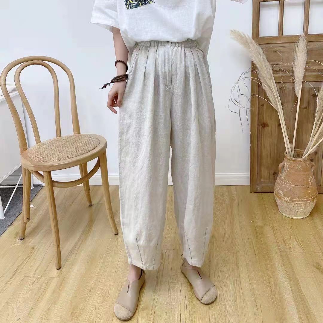 

Johnature льняные шаровары летние винтажные женские брюки с эластичной резинкой на талии и карманами длиной до щиколотки One Size бежевый