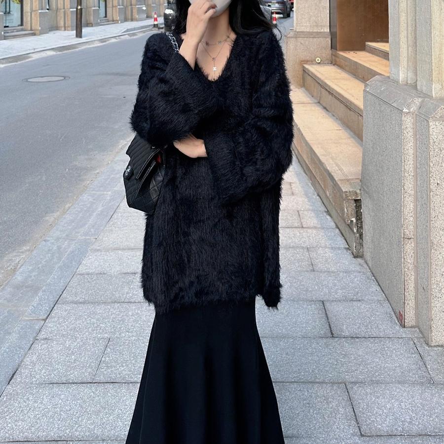 Autumn V-Neck Loose Lazy Style Faux Fur Coat Women's New Purple French Style Fashion Korean Top