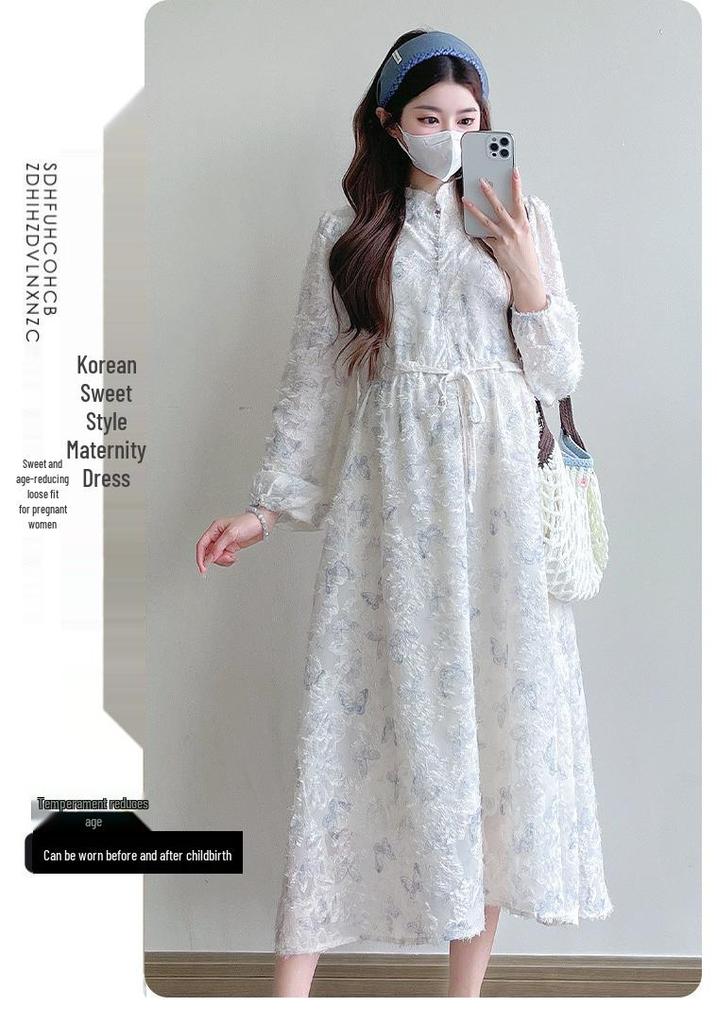 Hepburn Style Butterfly Jacquard Maternity Dress - High Quality, Long Sleeve, Early Spring 2026 Collection