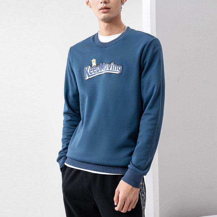Anta Cartoon Embroidered Fleece Warm Round Neck Sports Sweatshirt Men Sweatshirt Deep-Abyss-Blue 952148708W-3