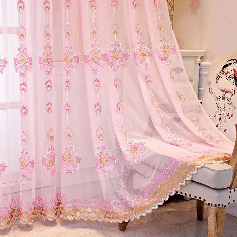 European Beaded Embroidered Sheer Curtains, Grommet Top with Thermal Insulation, for Living Room and Bedroom Decor, Elegant Floral Pattern