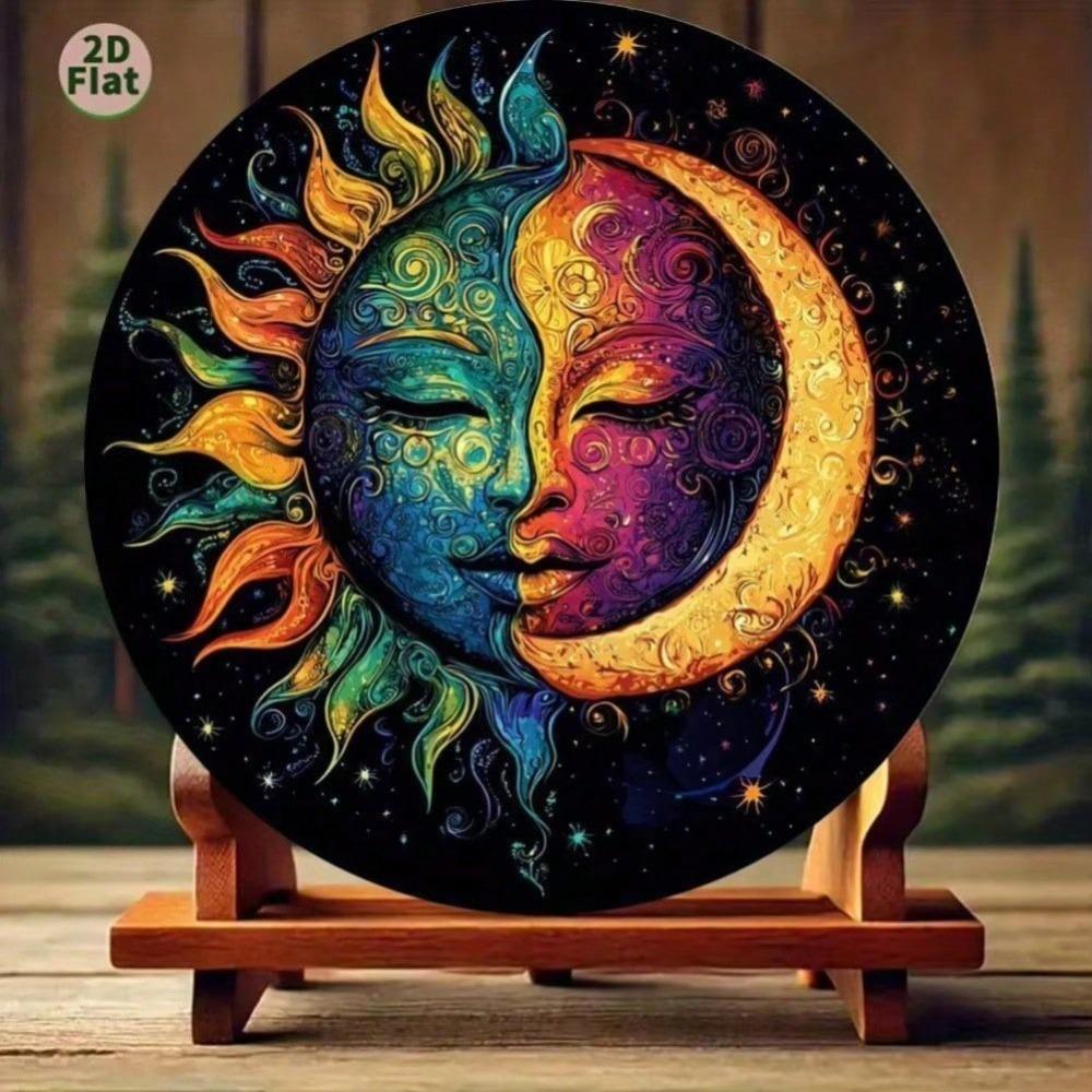 2D Flat Yin Yang Wall Art Dual Sided Aluminum Sun Moon Decor Vibrant Hues On Black Background For Home