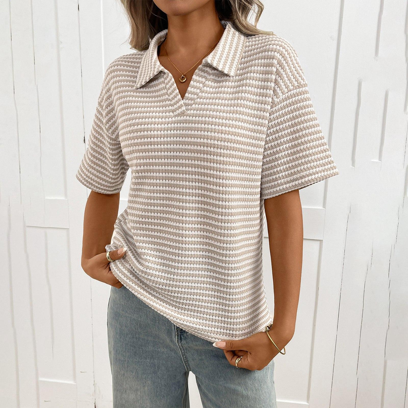 Women s Collared Color Knit Pullover Loose Short-sleeved T-shirt XXL кофейный