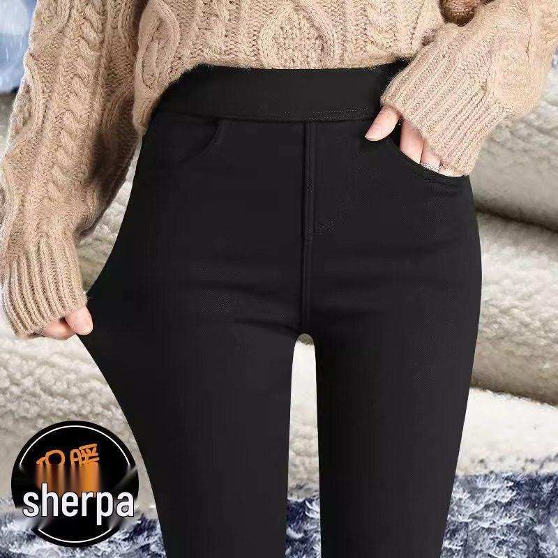 Black High-Waist Stretch Leggings for Women, Plus Size, Fleece-Lined, Slim-Fit Spring/Autumn.