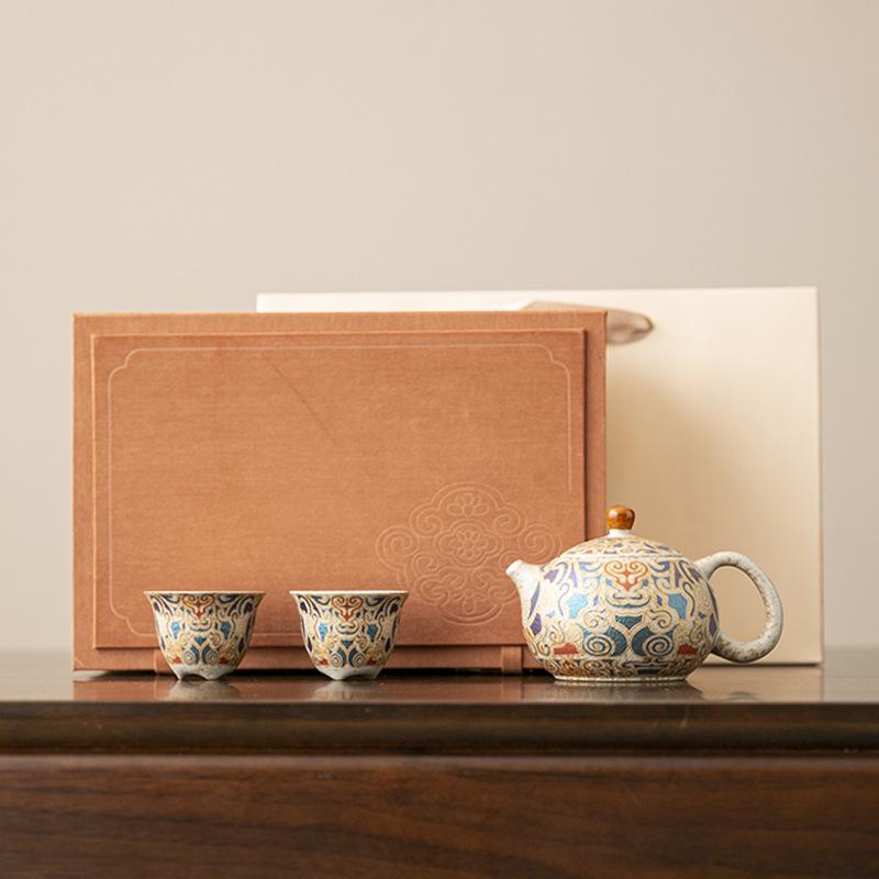 Silver-Plated Dunhuang Retro Gongfu Tea Set - Exquisite Ceramic Brewing & Drinking Utensils in Gift Box