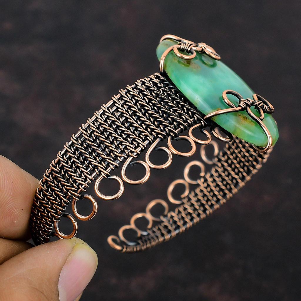 Chrysoprase Bangle Copper Wire Wrapped Bangle Adjustable Cuff Bracelet Handmade Gemstone Bracelet Copper Wire Wrapped Jewelry Gift For Women