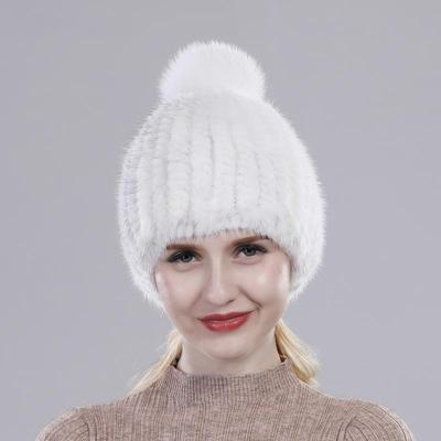 Women Winter Knitted 100% Real Mink Fur Hats Natural Warm Thick Mink Fur Cap with Fox Fur Pompoms Lady Otidoor Real Fur Hat