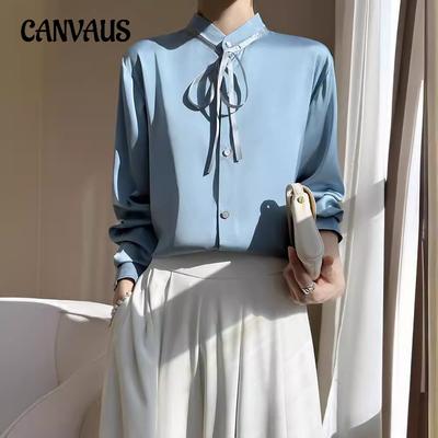 Spring and Autumn Women's Flutter Belt Shirt Cardigan Round Neck Bow Tops Suit Inner Standing Collar Blouse