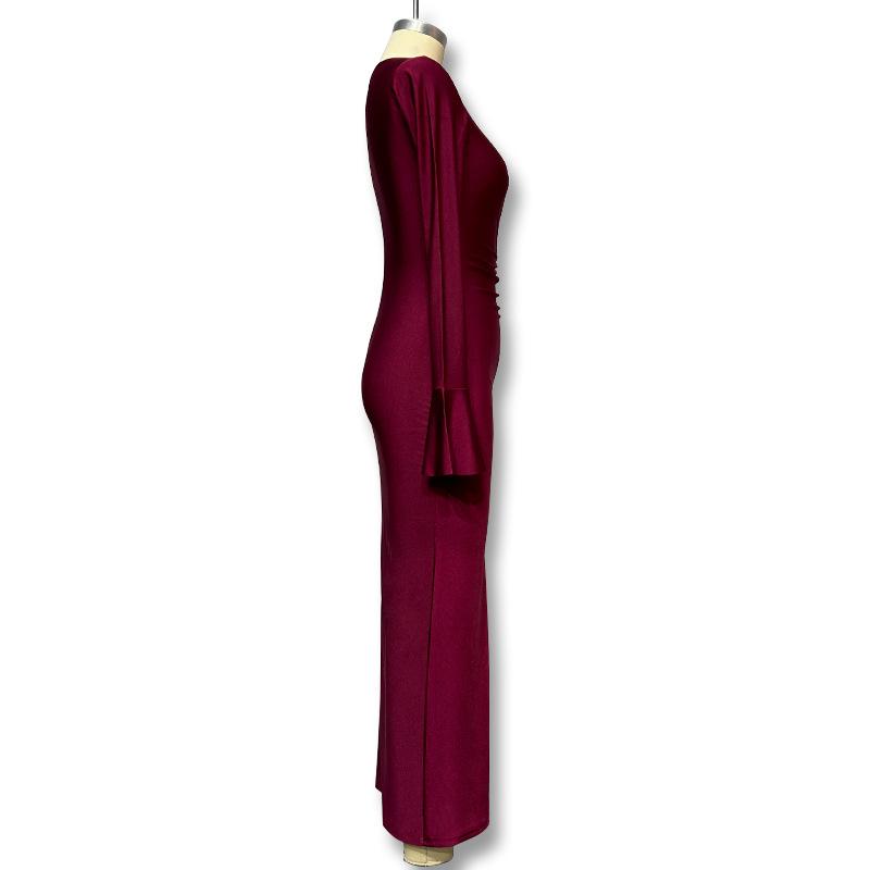 2025 Autumn Ruched Flare Sleeve Slim Fit Dress with Waist-Defining and Hip-Hugging Silhouette
