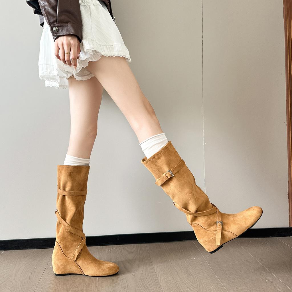 Inner height increase, soft fold and thin medium boots, children's autumn new round head buckle belt, western cowboy boots
