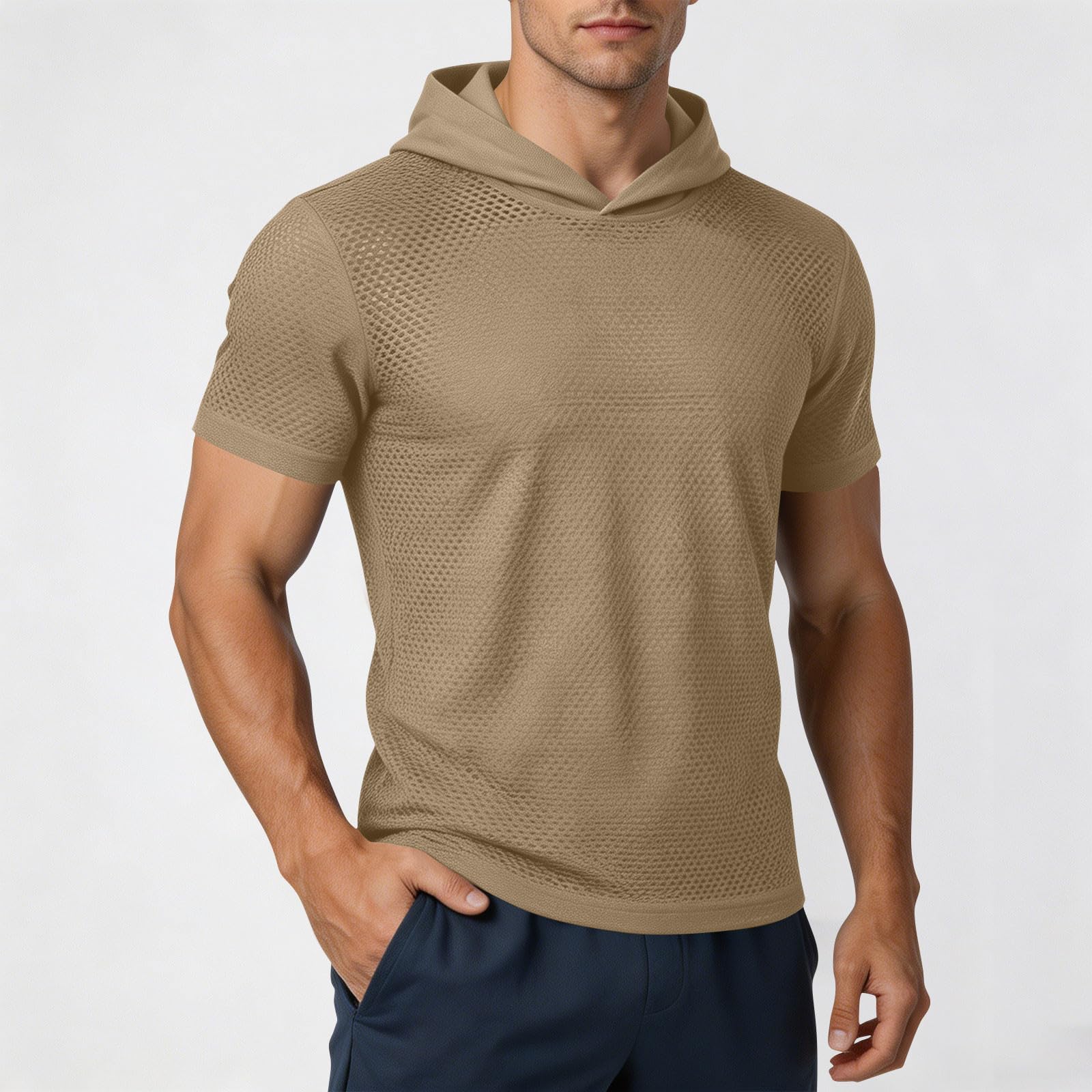 

Men s Fashion Solid Color Short Sleeve Hoodie Lightweight Breathable Mesh Fabric Casual Athletic Fitness T-Shirt Top M хаки