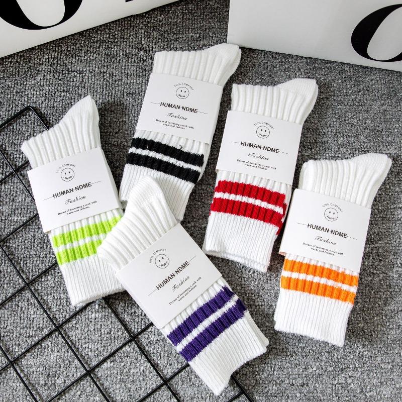 Fall/Winter Men's Double-Stitch Thick Stripes Mid-Calf Socks Men's Trend White Double Stripes Long-Sleeved Cotton Men's Socks