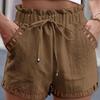 Women's Cotton Linen Shorts with Pocket Solid Color Thin Hollow Out Design Tight Waist Beachwear Pants White