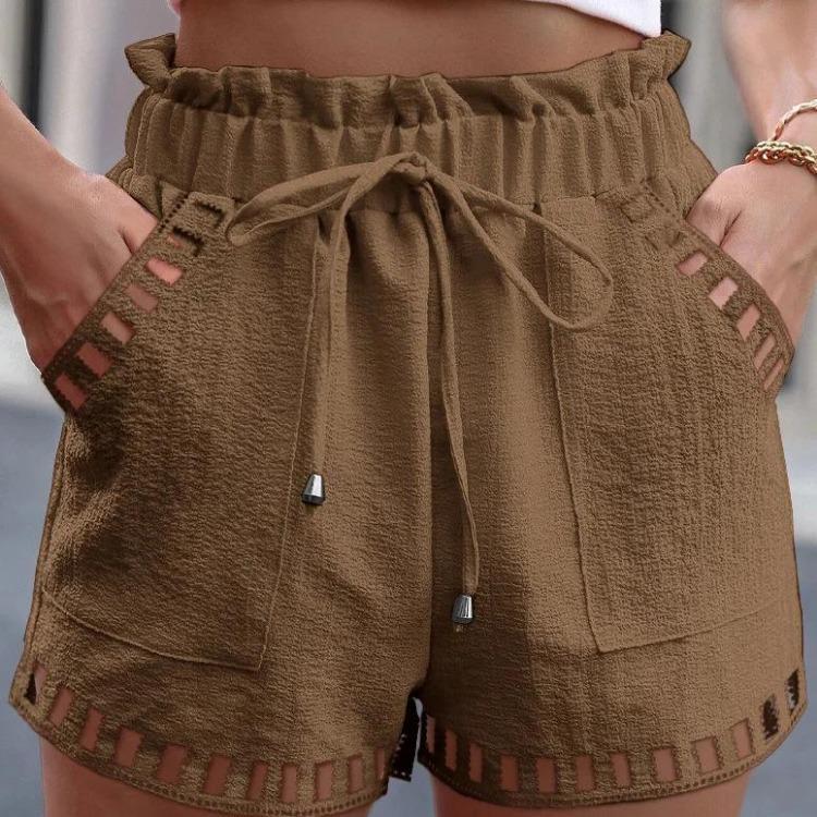Women's Cotton Linen Shorts with Pocket Solid Color Thin Hollow Out Design Tight Waist Beachwear Pants White