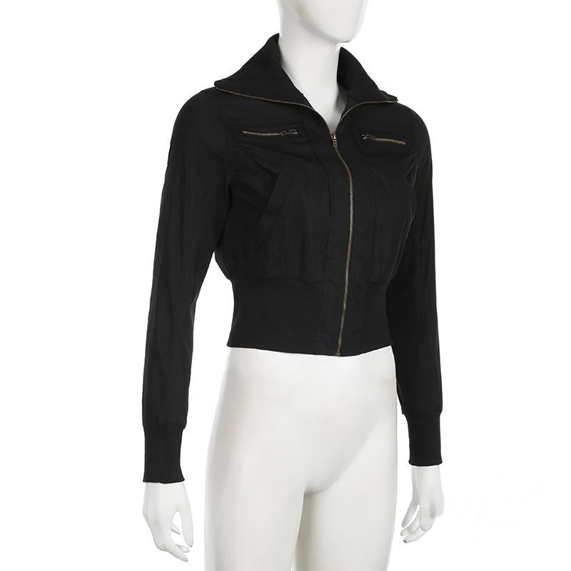 Women's Retro Fitted Waist Zipper Stand Collar Casual Workwear Jacket