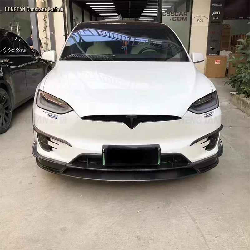 Compatible with Tesla Model X RZ: Carbon Fiber Front Lip & Bumper Diffuser Spoiler Kit.