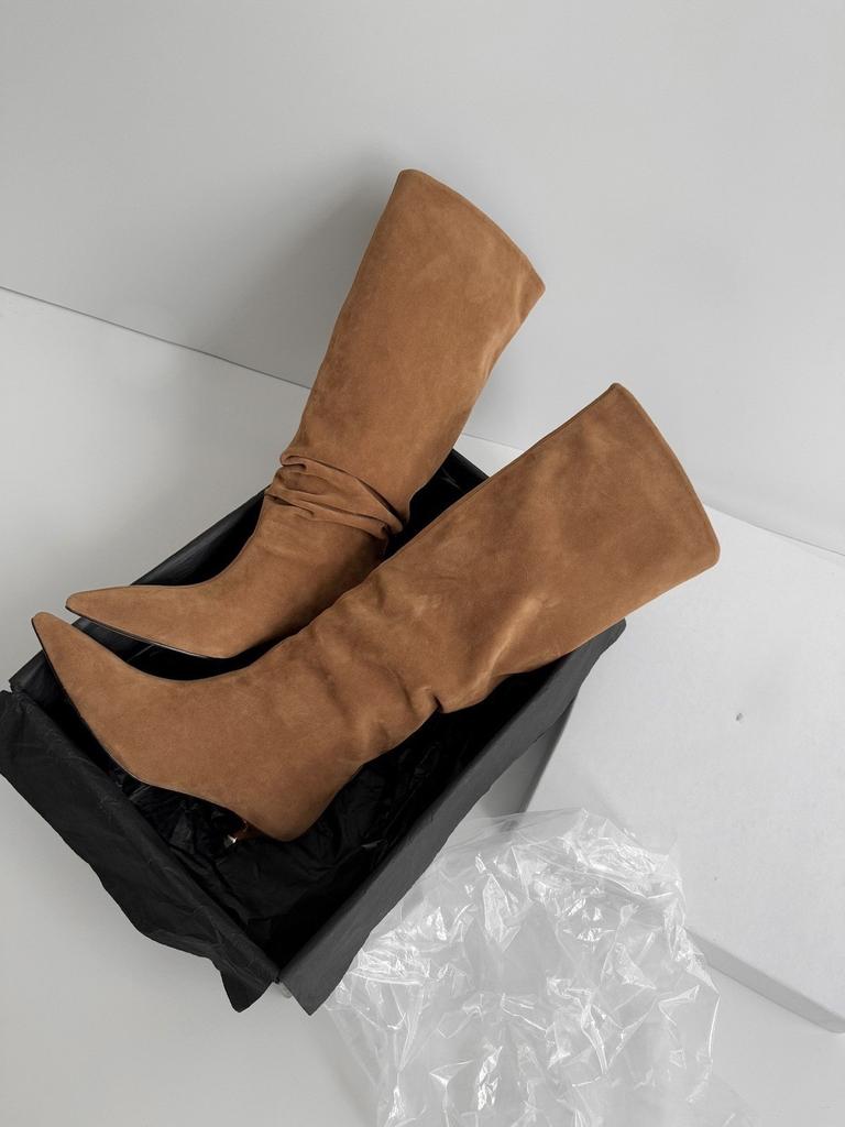 Temperament gray slim boots women's pointed toe thin heel simple pile straight boots