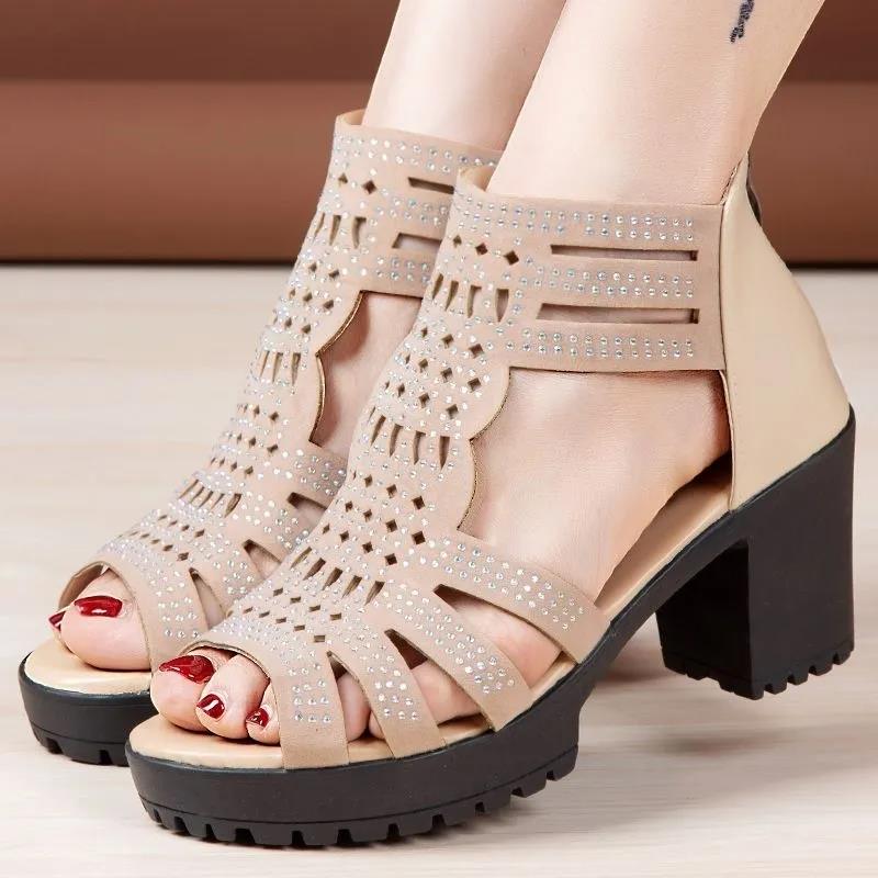 Black High Heeled Sandals Women's Peep Toe Rhinestone Design Retro Roman Style Thick Sole Waterproof Platform Summer