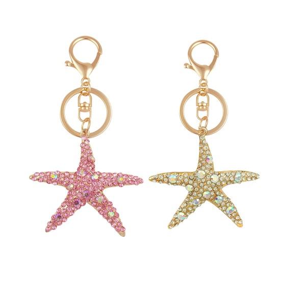 Keychain Pendant Rhinestones Inlaid Starfish Design Key Chain with Lobster Clasp Bag Charm Backpack Accessory