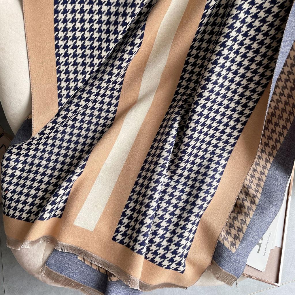 Imitation Cashmere Scarf Women'S Air-Conditioned Room Shawl Thousand Bird Grid Jacquard Elegant Long Scarf Short Beard Fringe Decorative Scarf