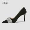 High Heels Bow Suede Pointy Temperament Rhinrhine-Style Young Women'S Single Shoes Glass With Commuter High Sense