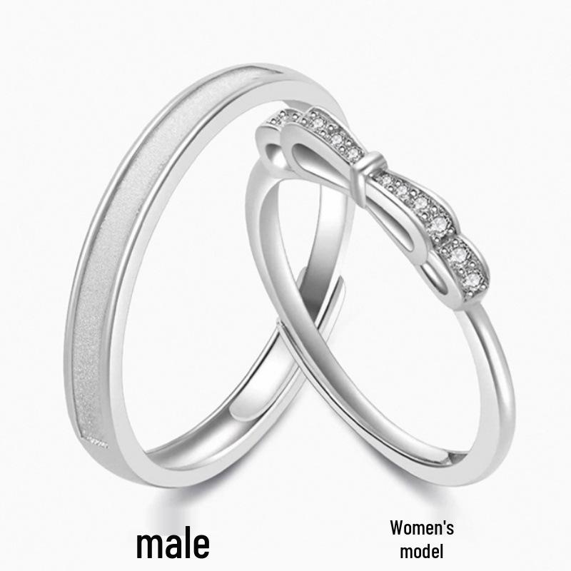 Adjustable S999 Sterling Silver Bowknot Couple Rings - Simple, Luxurious Design for Men & Women S925 Sterling Silver Promise Ring (Women s)