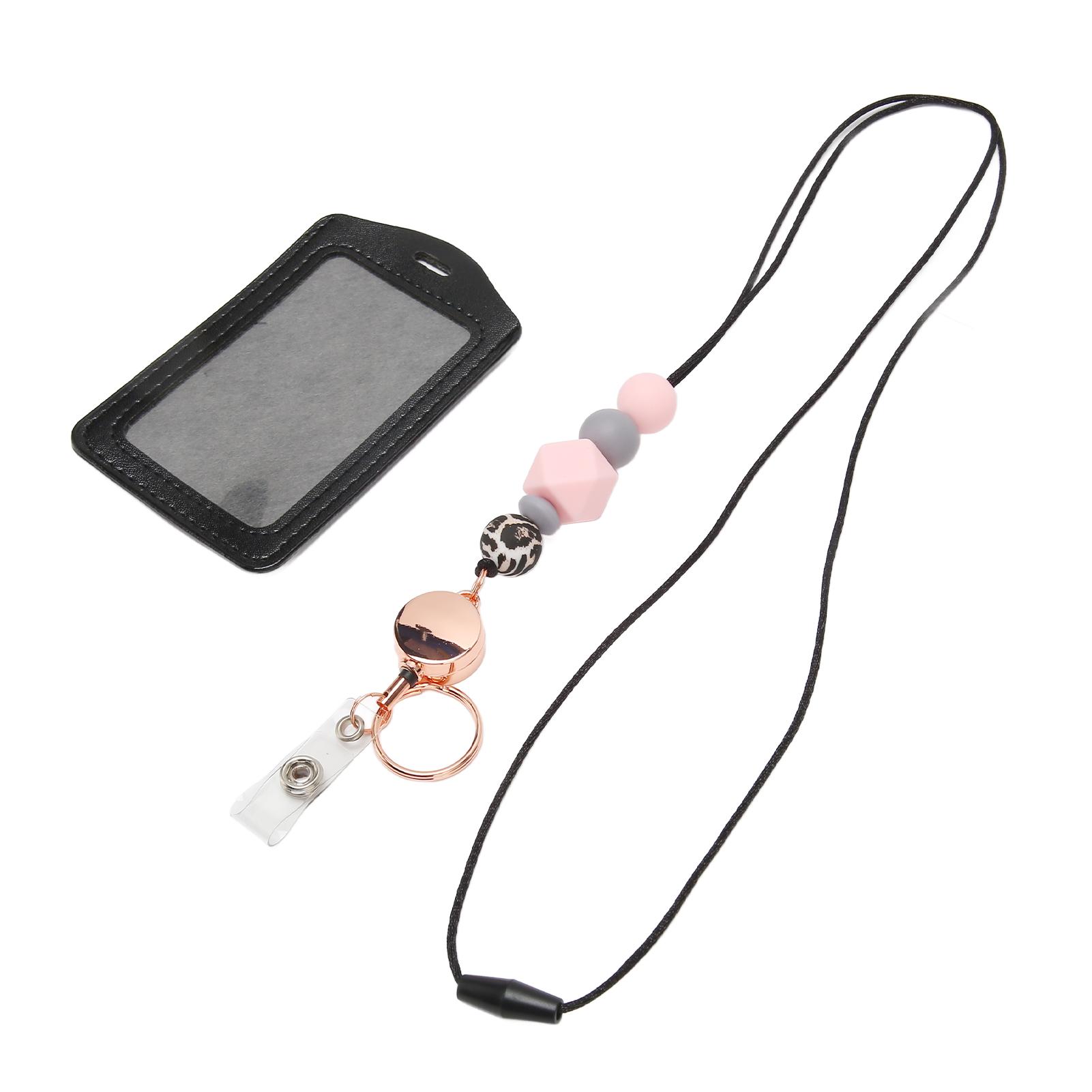 

Силиконовый выдвижной шнурок с бусинами и прозрачным держателем удостоверения личности, многоцелевой держатель бейджа для розовый