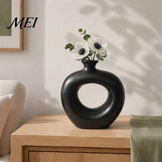Unique Decorative Ornaments Minimalist Resin Flower Vase, Hollow Circle Art Modern Floral Home Decor Arrangement Holder for Living Room Bedroom Table