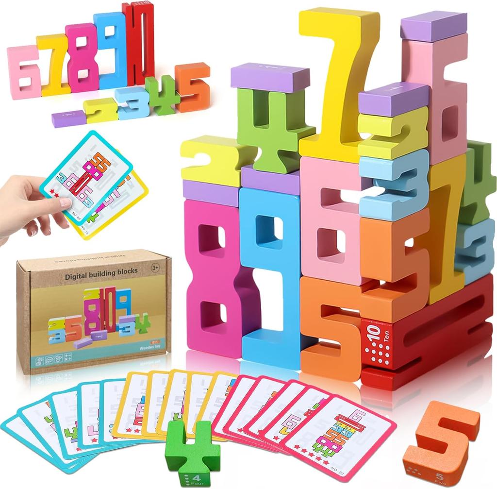 Wooden Number Building Blocks Montessori Number Stacking Blocks Puzzle Balance Competition Toy, Educational Gift for Toddler