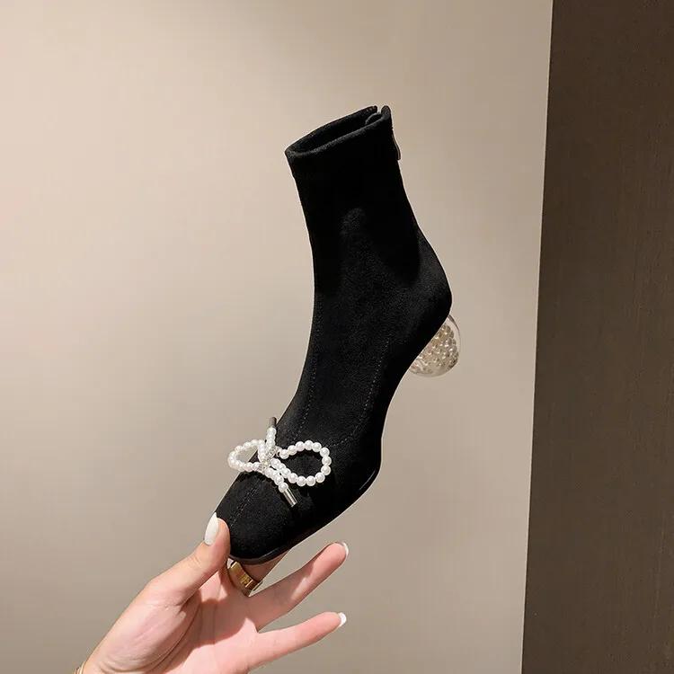 Fashion Thick Heeled Square Toe Pearl/chain Elastic Slim Fit Boots  Autumn and Winter Black Beige Fashion Women's Short Boots Size 34-42