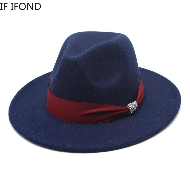 New Fashion Women Men Wide Brim Felt Jazz Fedora Hats Solid Color Party Trilby Wedding Hat Autumn Winter Hats 56-58-60CM