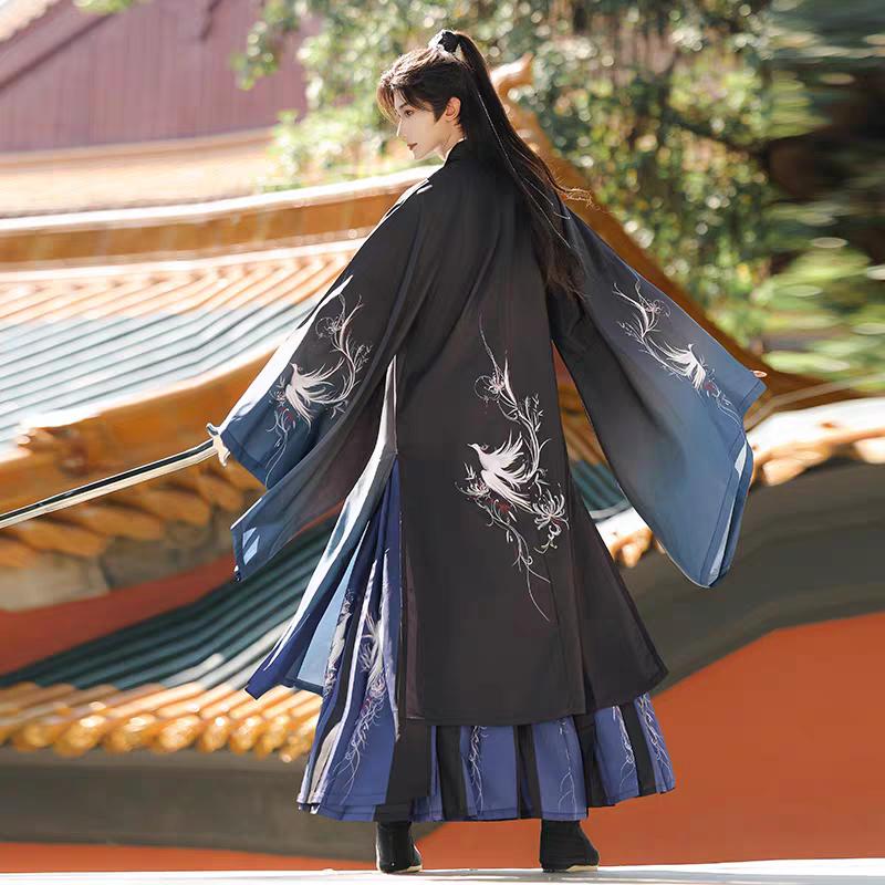Chinese Wei And Jin Dynasty Style Hanfu For Male And Female Knights Printed Cross-collar Waist-length One-piece Skirt, Daily Suit