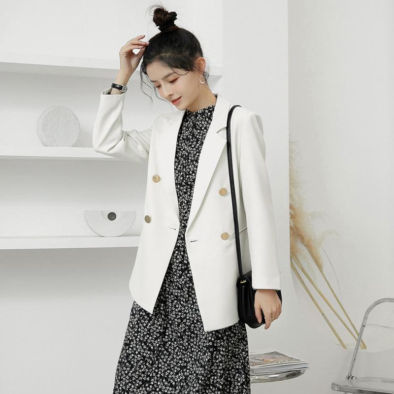 2025 Women's Creamy White British Style Casual Suit Jacket with Metal Buttons