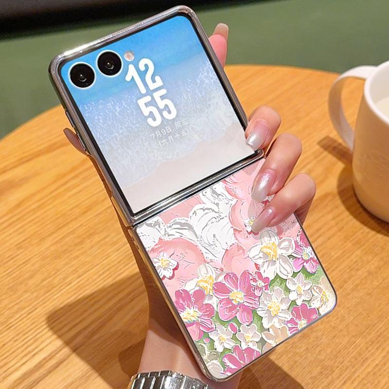 

Oil Painting Flower Pattern Case For Samsung Z Fold 7 6 5 Luxury Hybrid 3in1 Leather Skin Plating Folding Phone Cover For Samsung Z Fold7 Fold6 Fold5 Samsung Z Flip7 FE/Flip6 бежевий