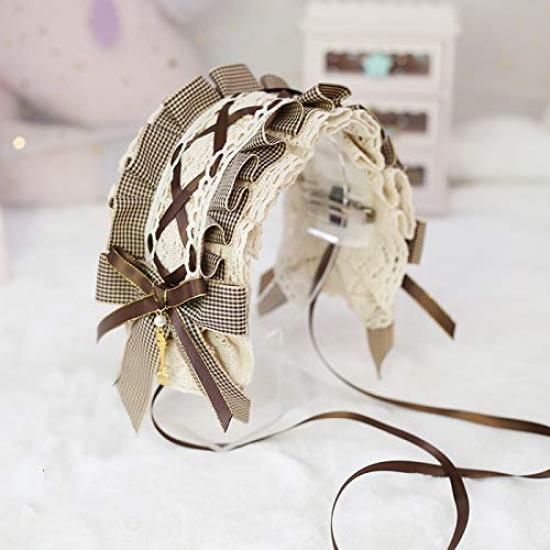 Lolita Check Lace Headband for Gothic Cosplay Hair Cute Maid Cafe Hair Accessory Women, Ruffled, Lolita, Ribbon, Ornament, [J's Select] (Brown)