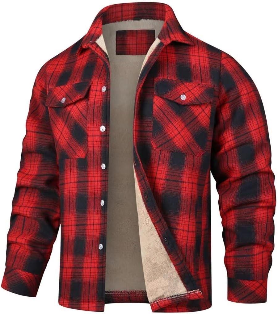 Men's 2023 Fleece-Lined Plaid Jacket - Long-Sleeve, Turn-Down Collar, Single-Breasted, Loose Fit
