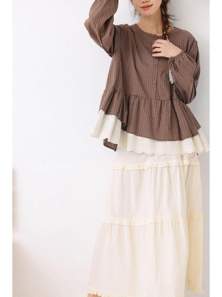 Spring Retro Plaid Patchwork Lace Long Sleeve Shirt - Loose, Versatile & Slimming Pullover Top