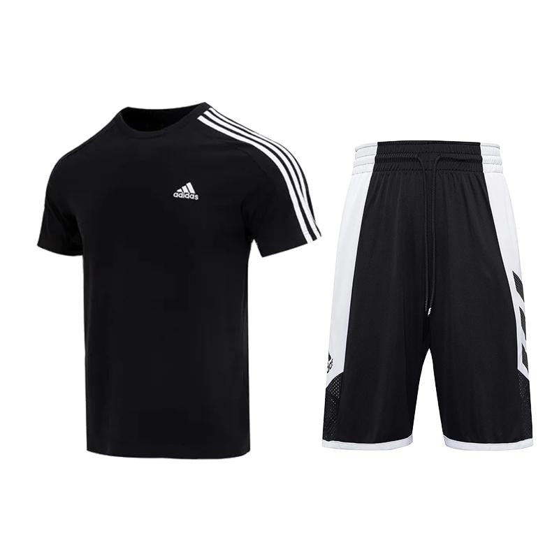 

Adidas Striped Running Training Fitness Short Sleeve Comfortable Airful Shorts Casual Sports Set Men sets Black IC9334+FH7947 S