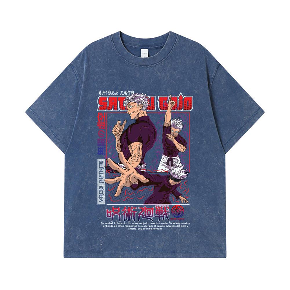 275 GSM Washed T-shirts 100% Cotton Jujutsu Kaisen V25 Gojo Print Unisex Heavy Cotton T Shirt