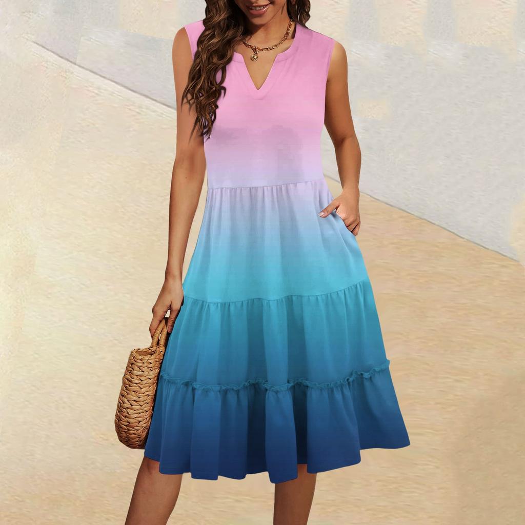 Women's Summer V-Neck Casual Pleated Ruffle Gradient Sleeveless Dresses