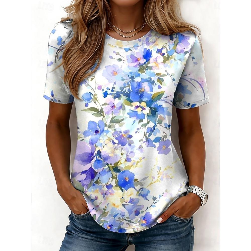

Women s Crew Neck Short Sleeve T-Shirt White Floral Plants Print Bohemian Hawaiian Casual Regular Tops Daily Wear Spring Summer S