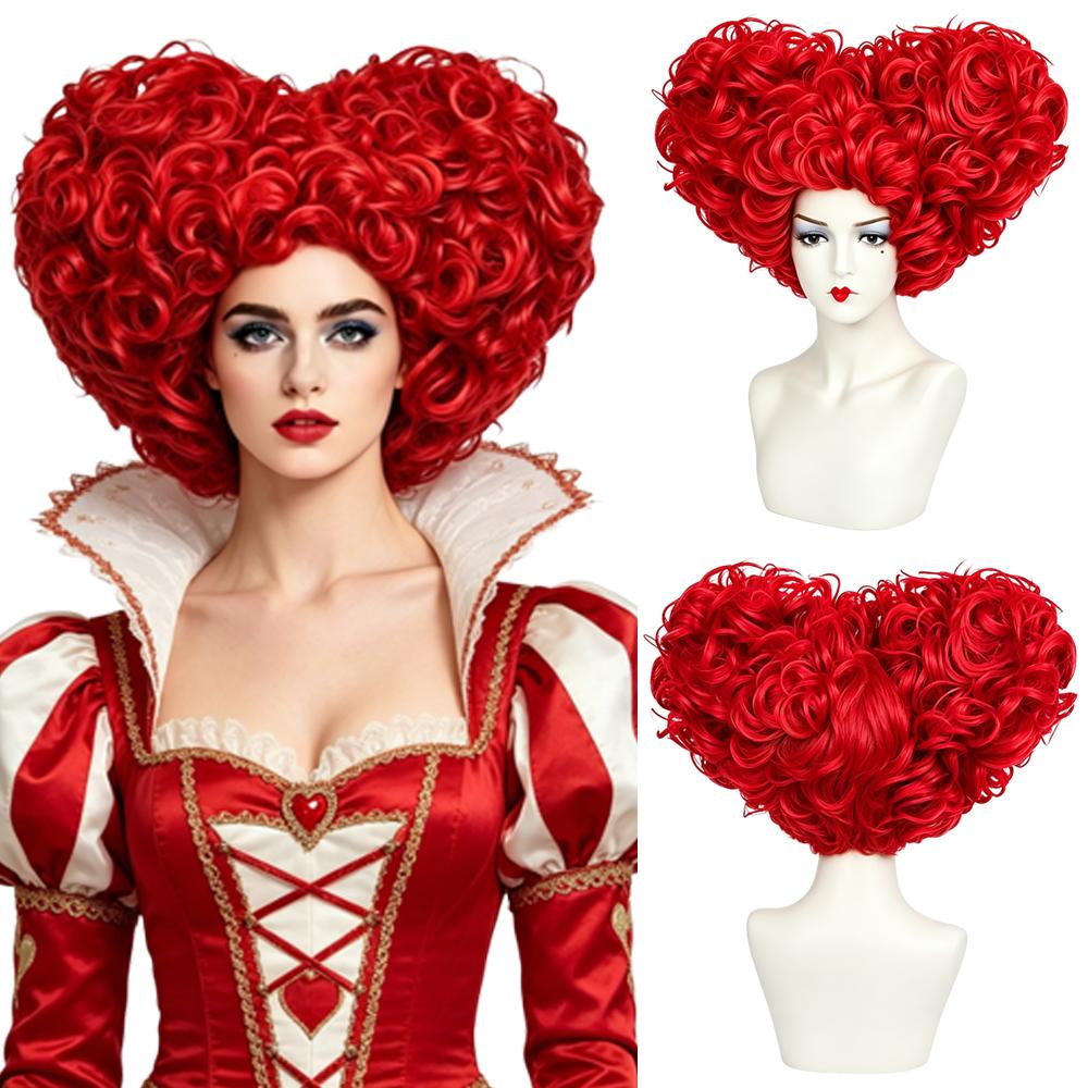 Red Queen Heart Shaped Cosplay Wig 10 Inch Red Fluffy Curly Heat Resistant Synthetic Wig For Women Halloween Costume Party
