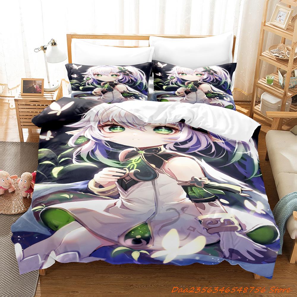 New Game Nahida Genshin Impact Bedding Collection Cartoon Anime ThreePiece Set Adult Kid Bedroom Duvetcover Collections 3D Kawaii Girls