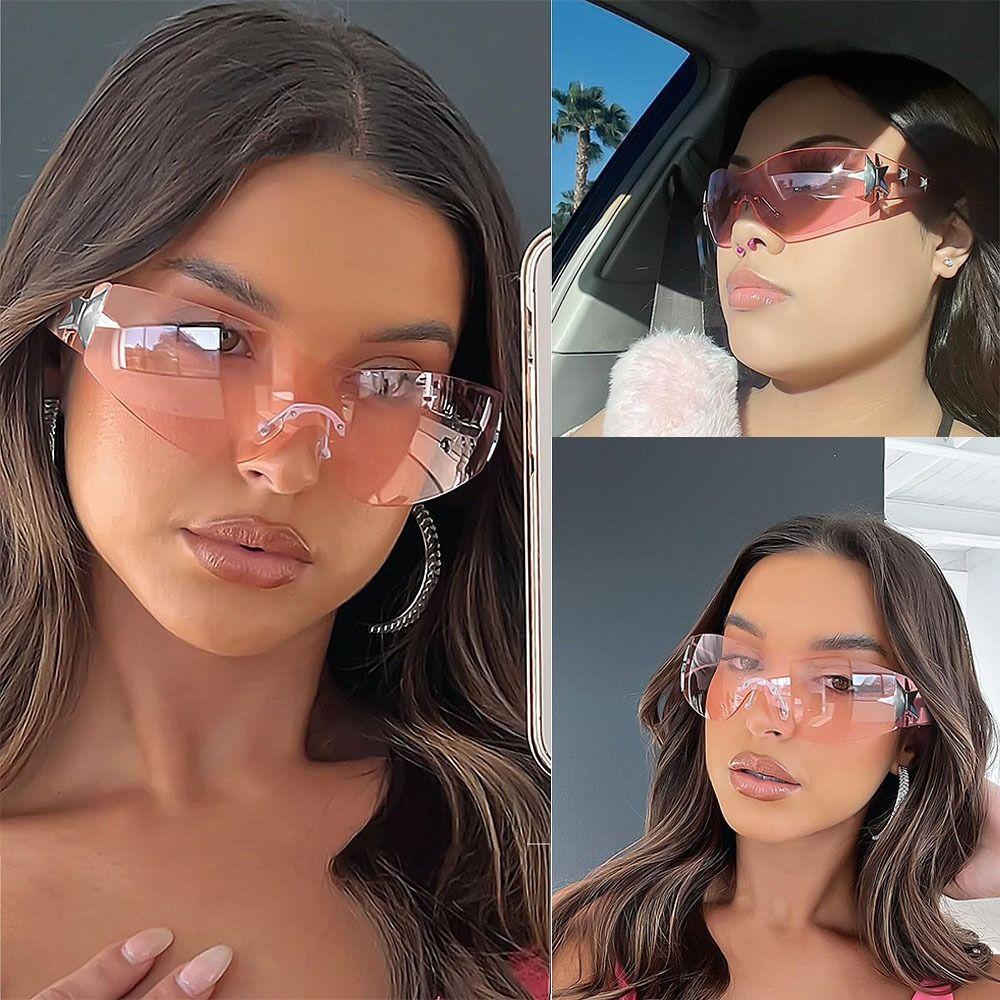 Rimless Y2K Sunglasses Futuristic Star Wrap Around Sun Glasses 2000S Accessories for Women Men Trendy Aesthetic Shades